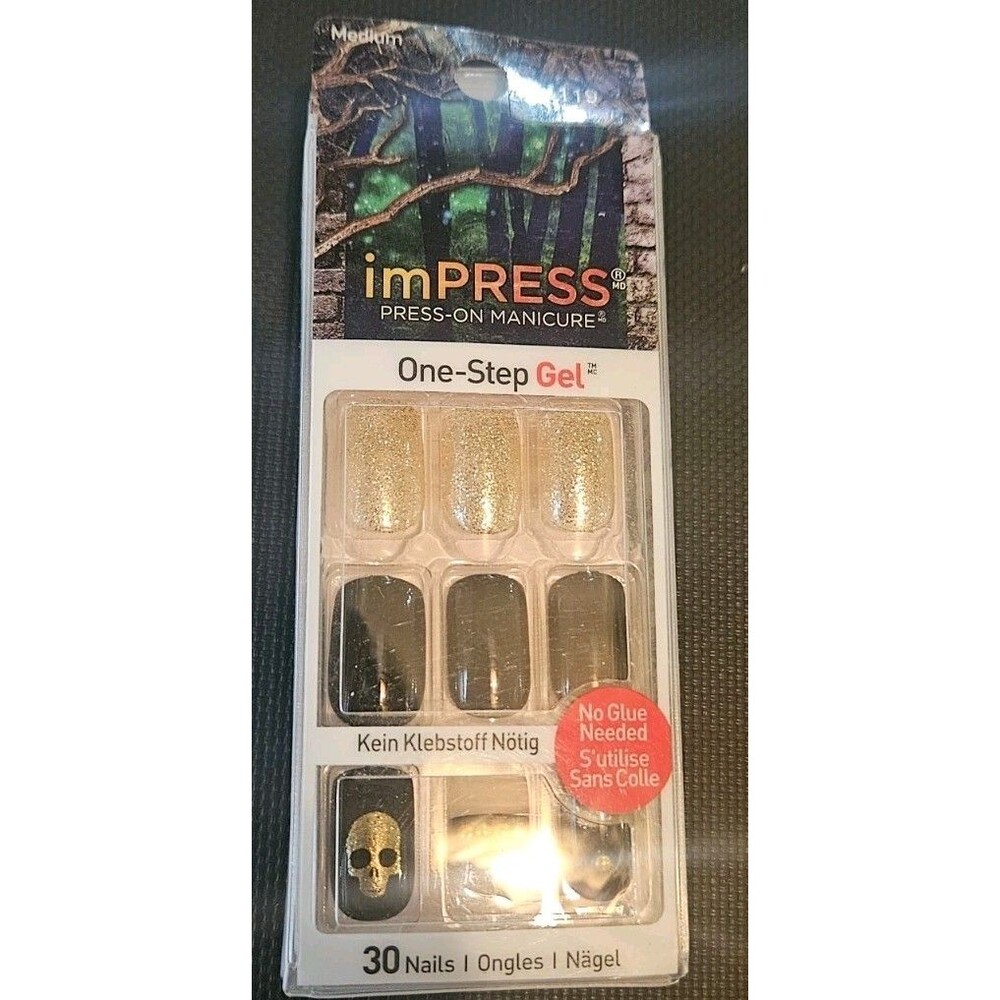 imPRESS HALLOWEEN Skull Black, Gold & Glitter Press-On Nails MEDIUM